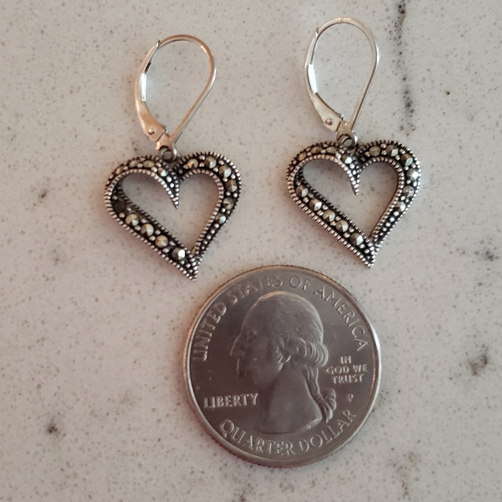 Heart dangle sterling/ marcasite earrings - Picture 4 of 4